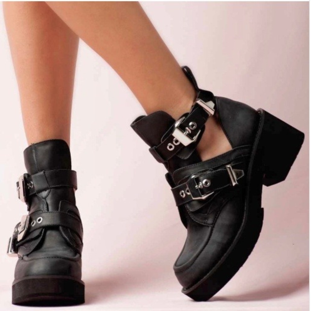JEFFREY CAMPBELL Coltrane Leather Buckle Platform Ankle Boot Black 8.5/39